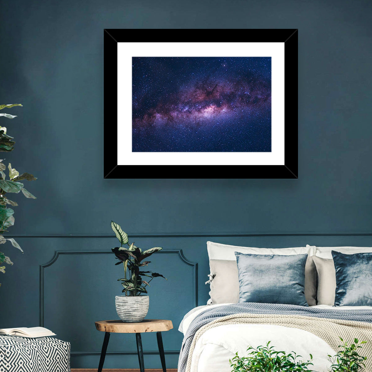 Violet Blue Milky Way Galaxy Wall Art in a room, landscape