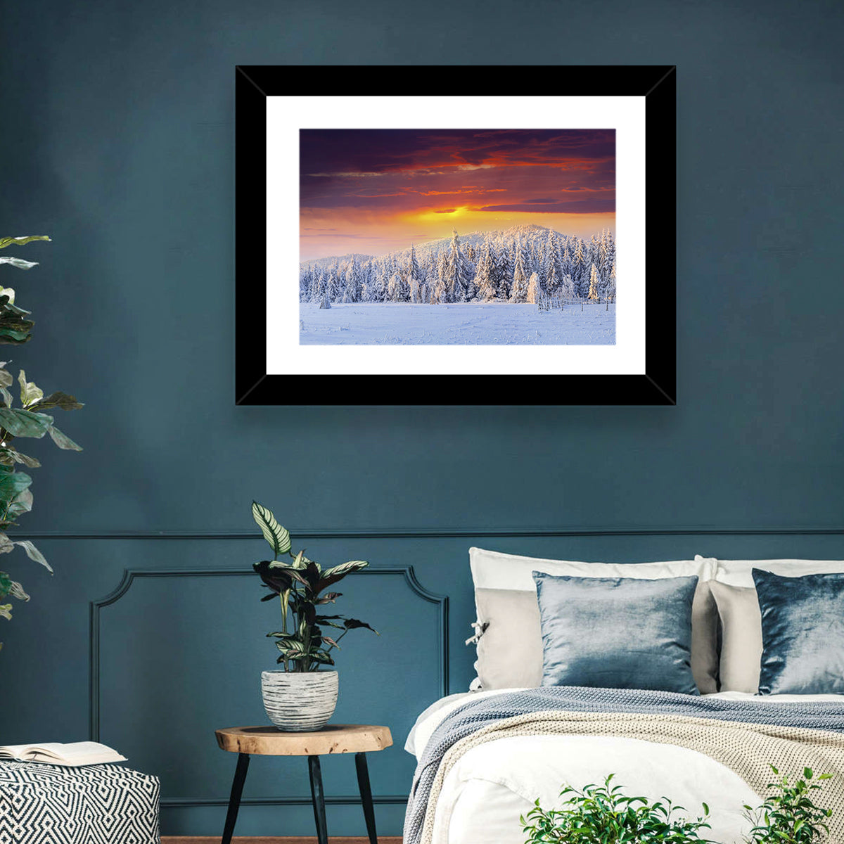 Snowy Forest Sunset Wall Art in a room, landscape