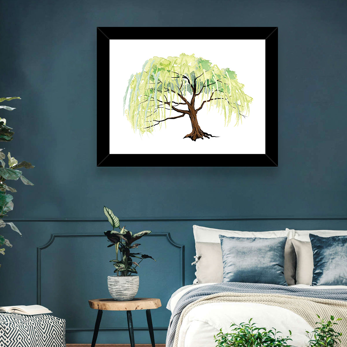 Weeping Willow Watercolor Sketch Wall Art in a room, landscape