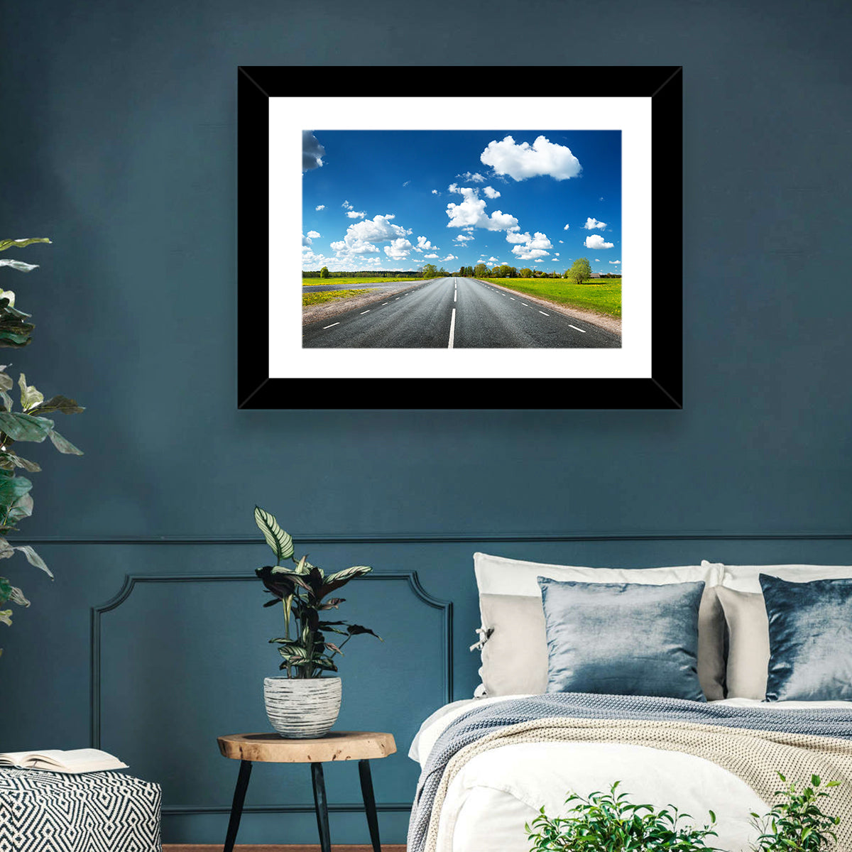 Asphalt Road Through Meadow Wall Art in a room, landscape