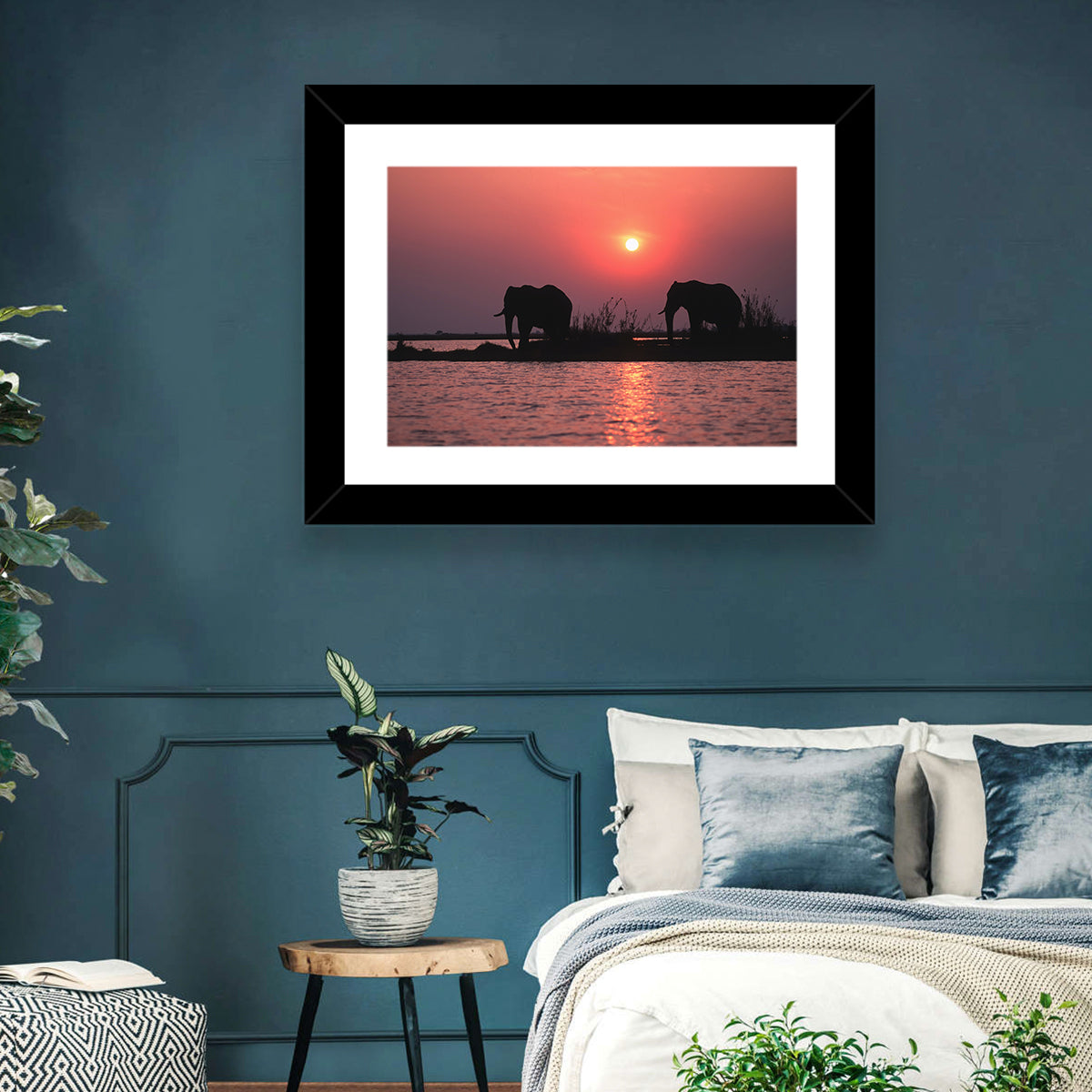 Elephants at Sunset Silhouette Wall Art in a room, landscape