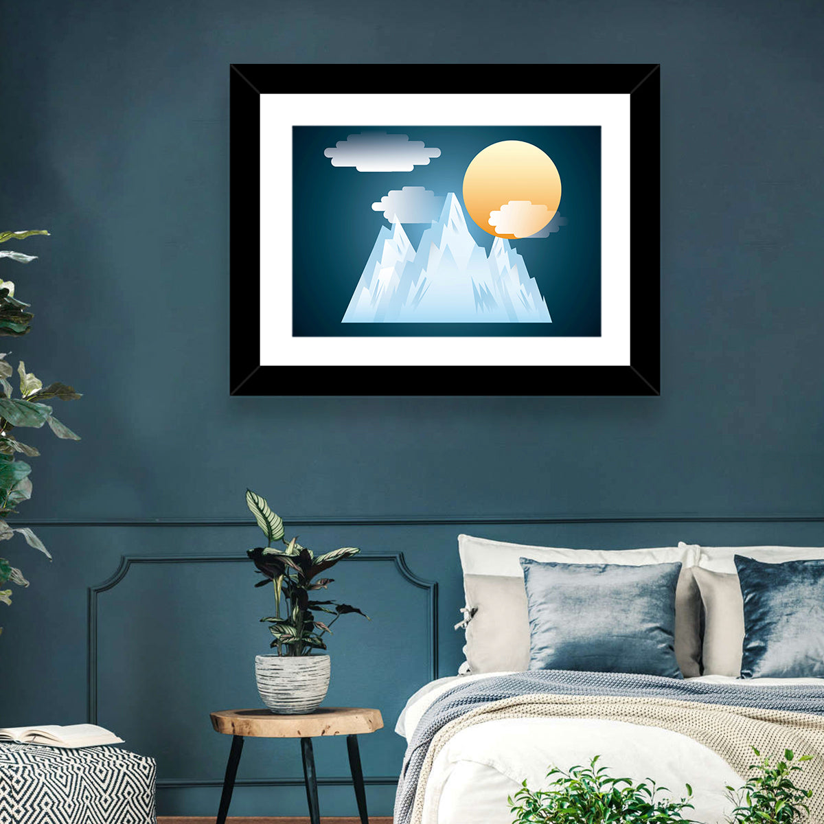 Geometric Snowy Mountain with Golden Sun Wall Art in a room, landscape