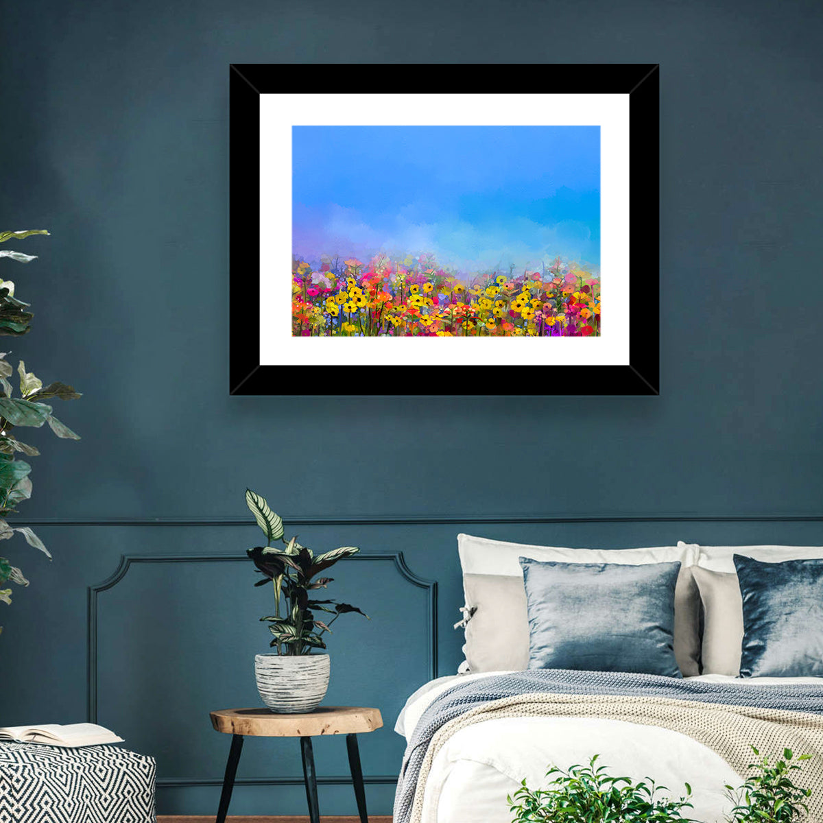 Cornflower and Daisy Meadow Wall Art in a room, landscape