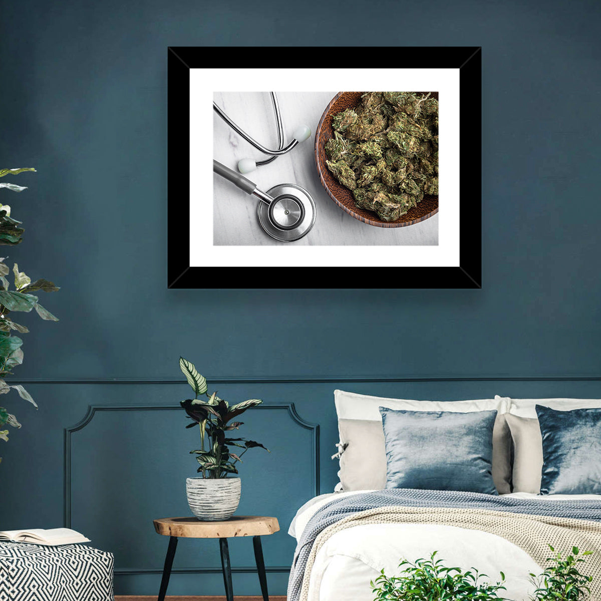 Stethoscope and Medical Cannabis Still Life Wall Art in a room, landscape