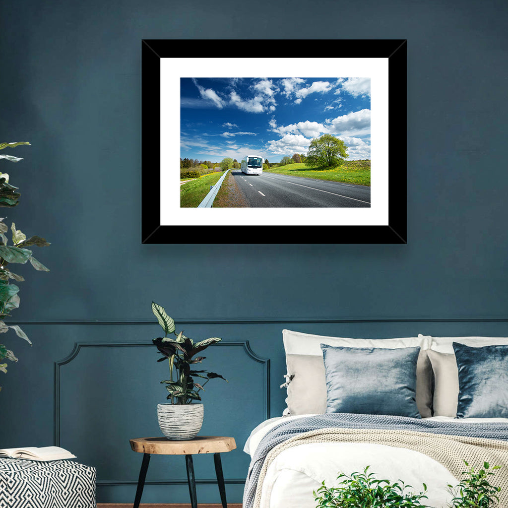 White Bus on Meadow Road Wall Art