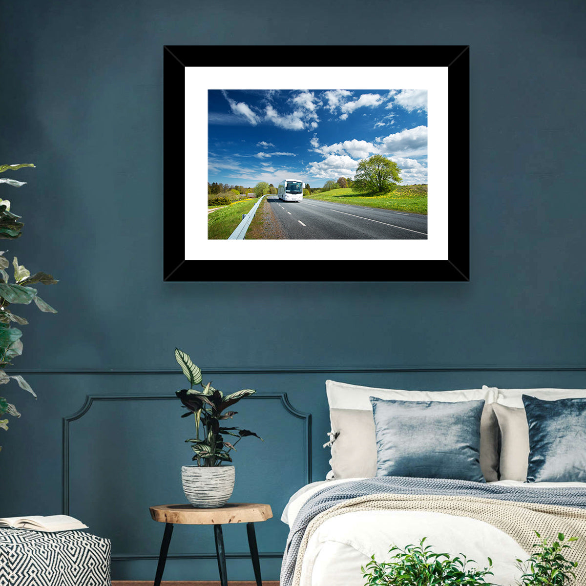 White Bus on Meadow Road Wall Art in a room, landscape