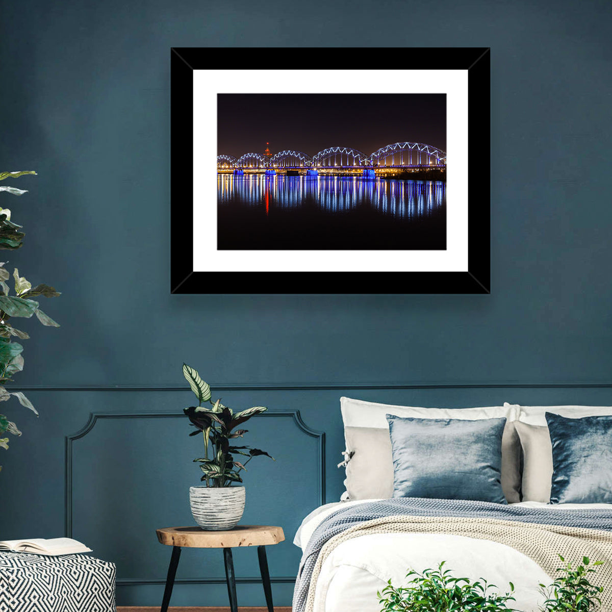 Riga Railway Bridge Nightscape Wall Art in a room, landscape