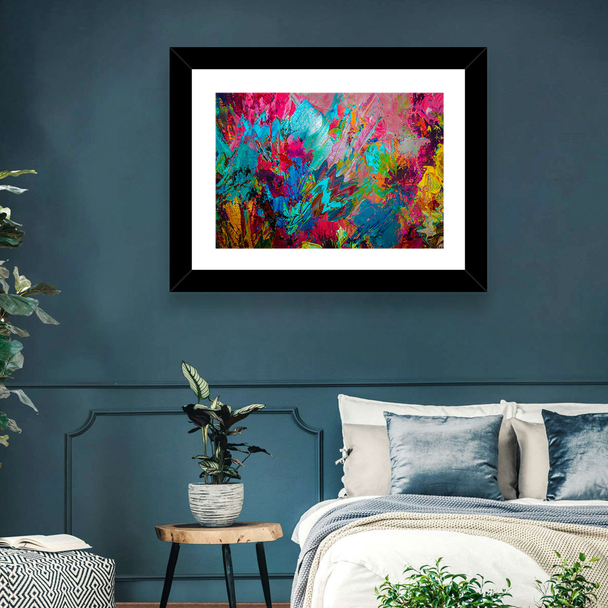Vibrant Impasto Color Burst Abstract Wall Art in a room, landscape