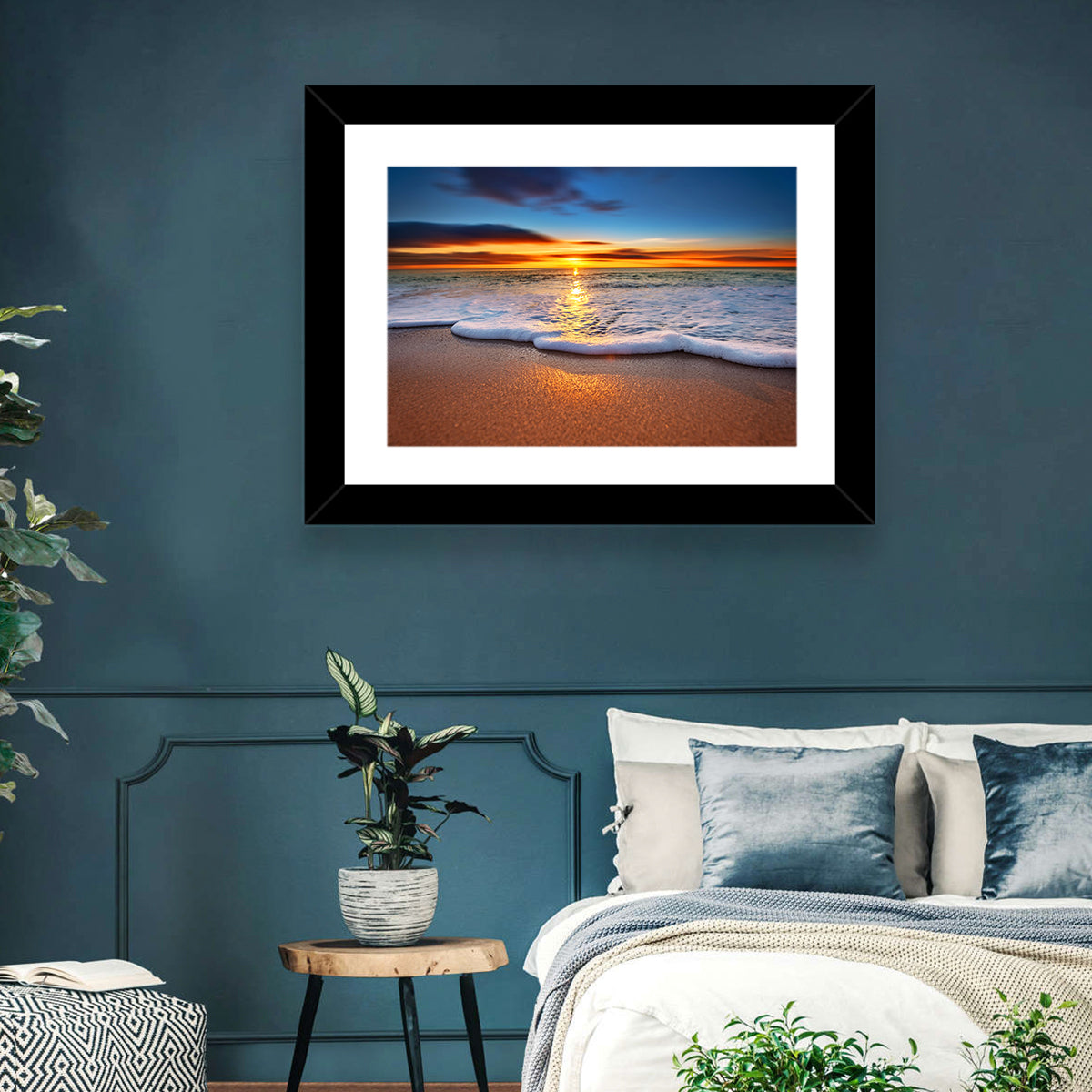 Sun Flare Beach Sunrise Wall Art in a room, landscape