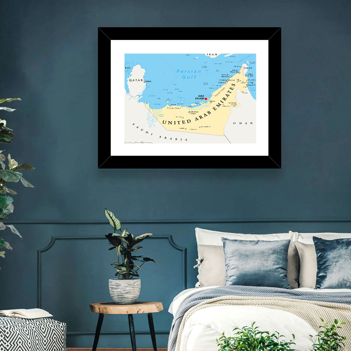 UAE Political Map Wall Art in a room, landscape