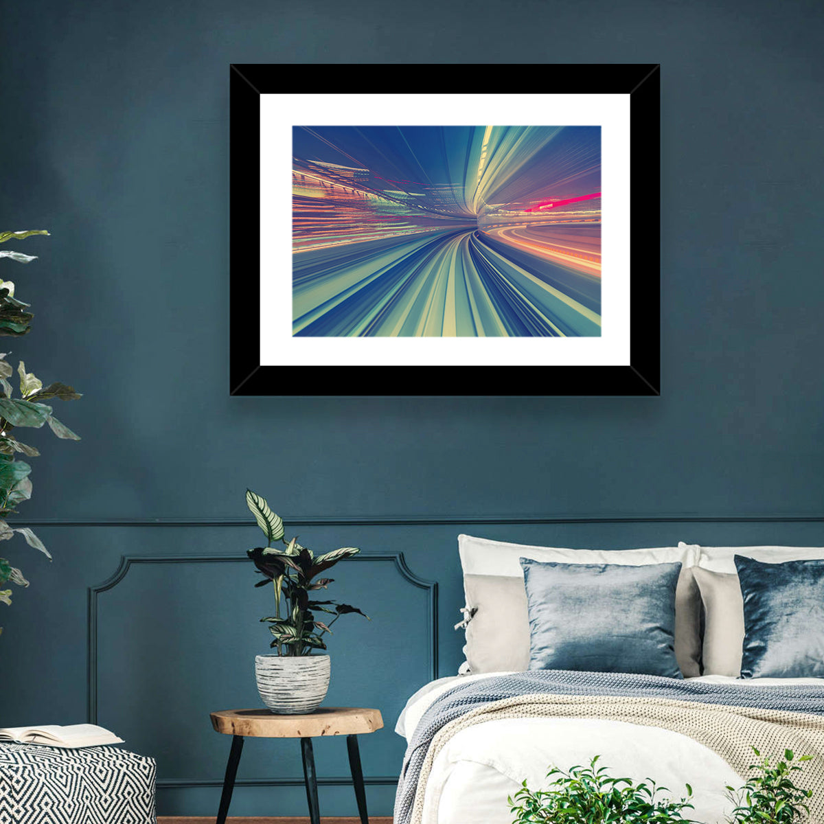 Monorail Night Light Trails Wall Art in a room, landscape
