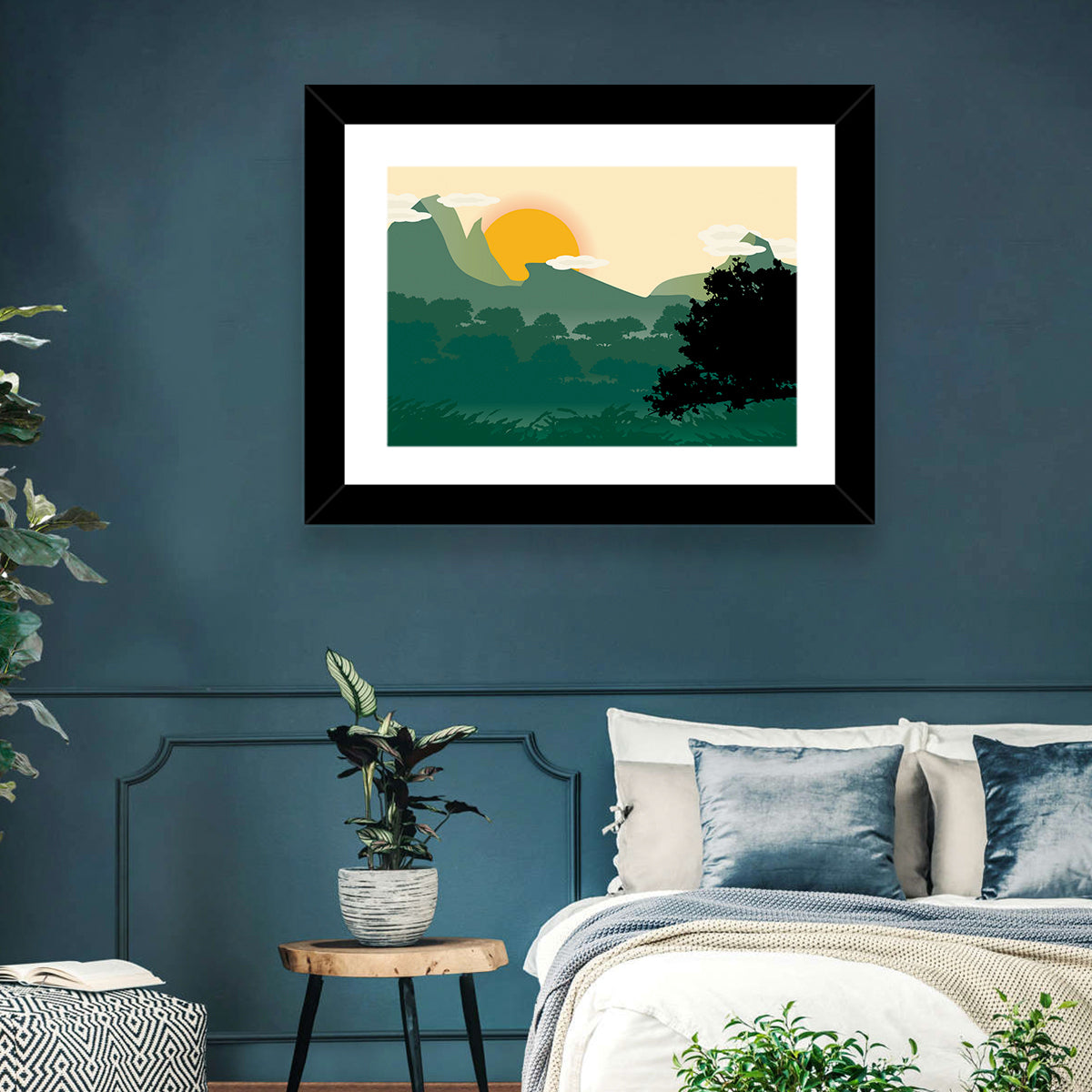 Geometric Mountain Forest Sunrise Wall Art in a room, landscape