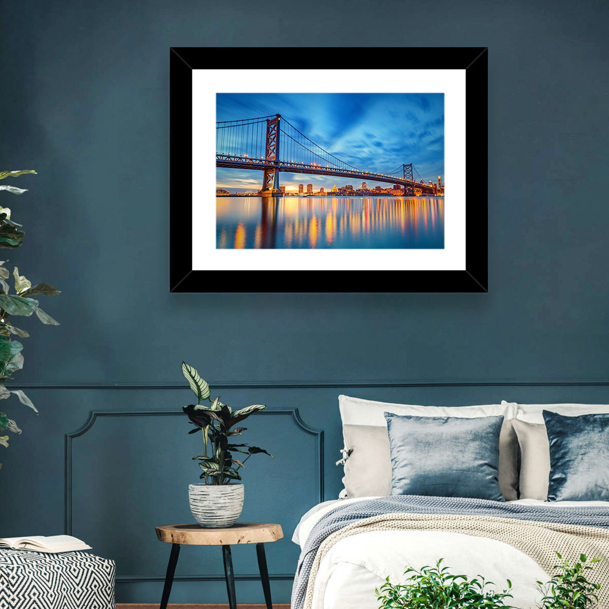 Benjamin Franklin Bridge Twilight Wall Art in a room, landscape