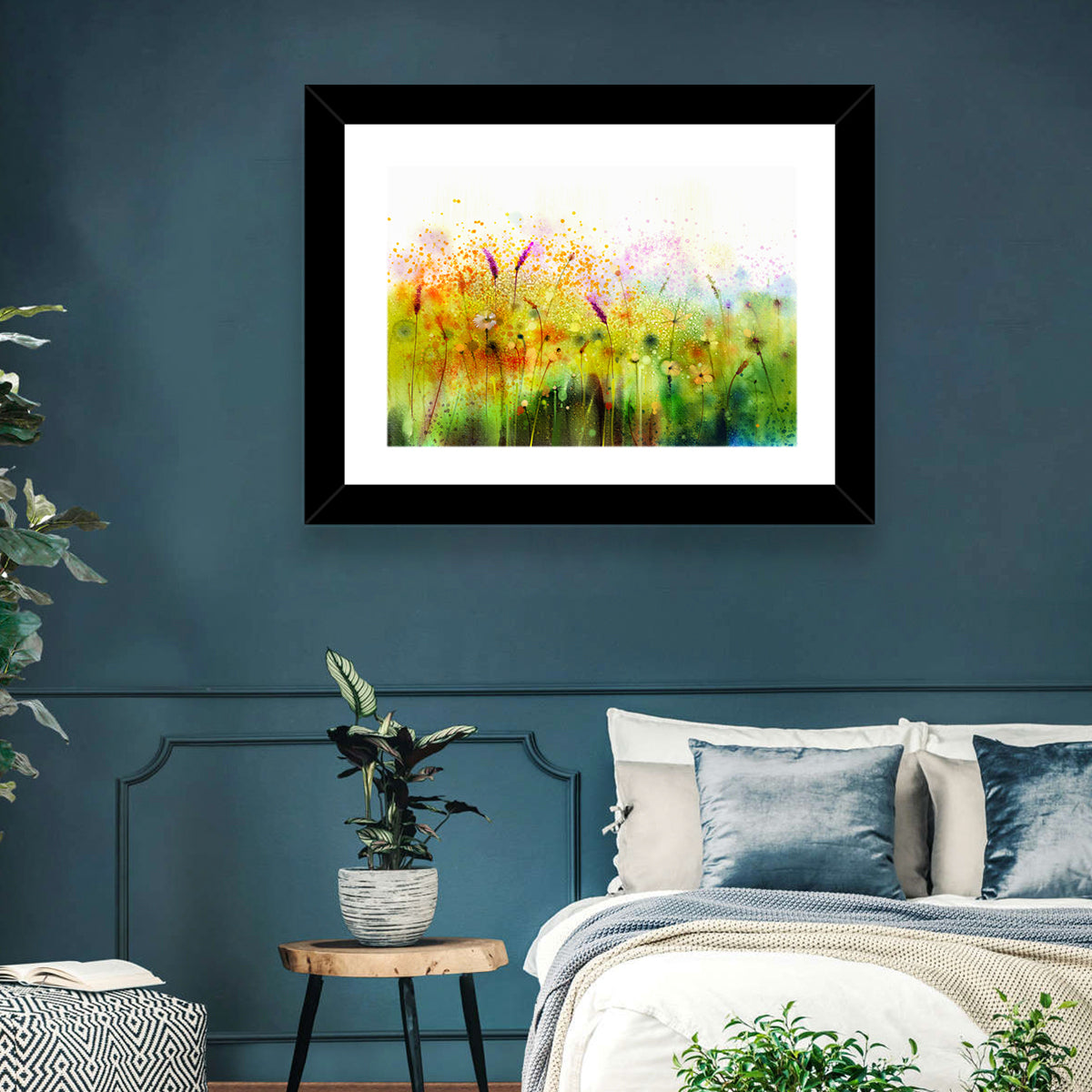 Cosmos Wildflowers Watercolor Wall Art in a room, landscape