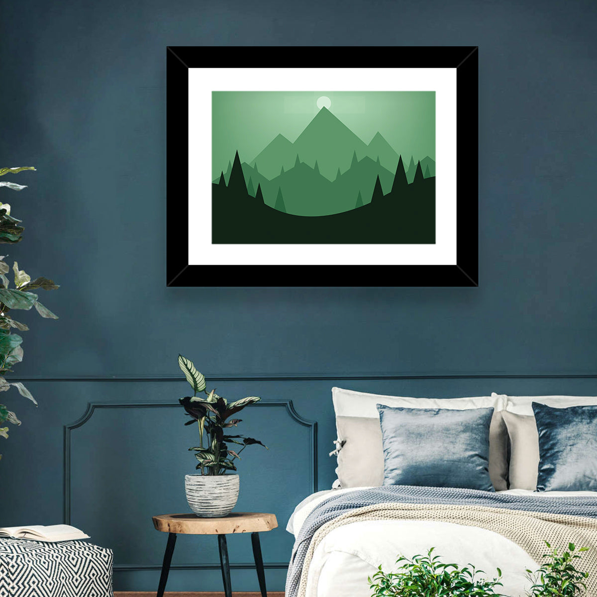 Geometric Mountain Sunset Illustration Wall Art in a room, landscape