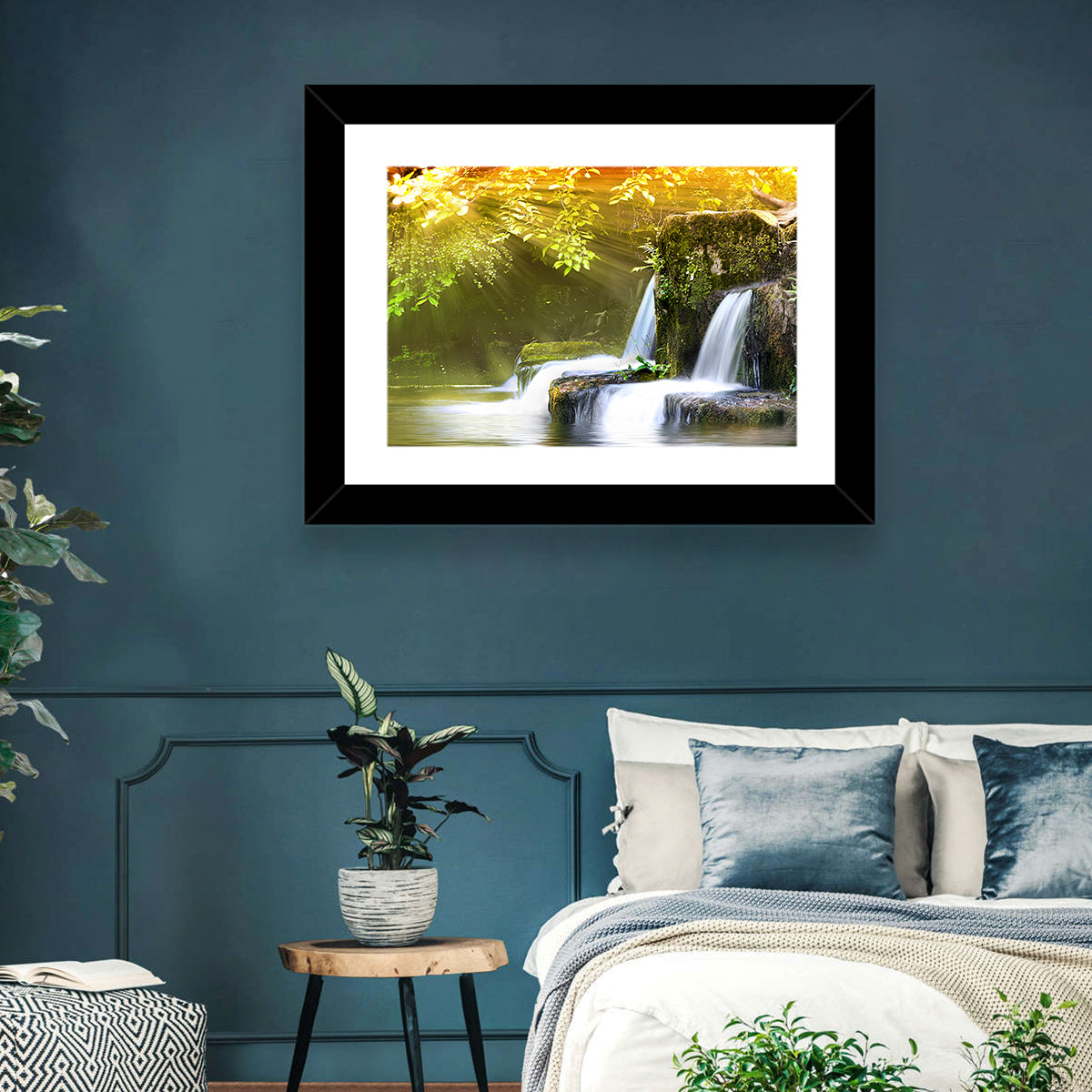 Sunlit Forest Waterfall Wall Art