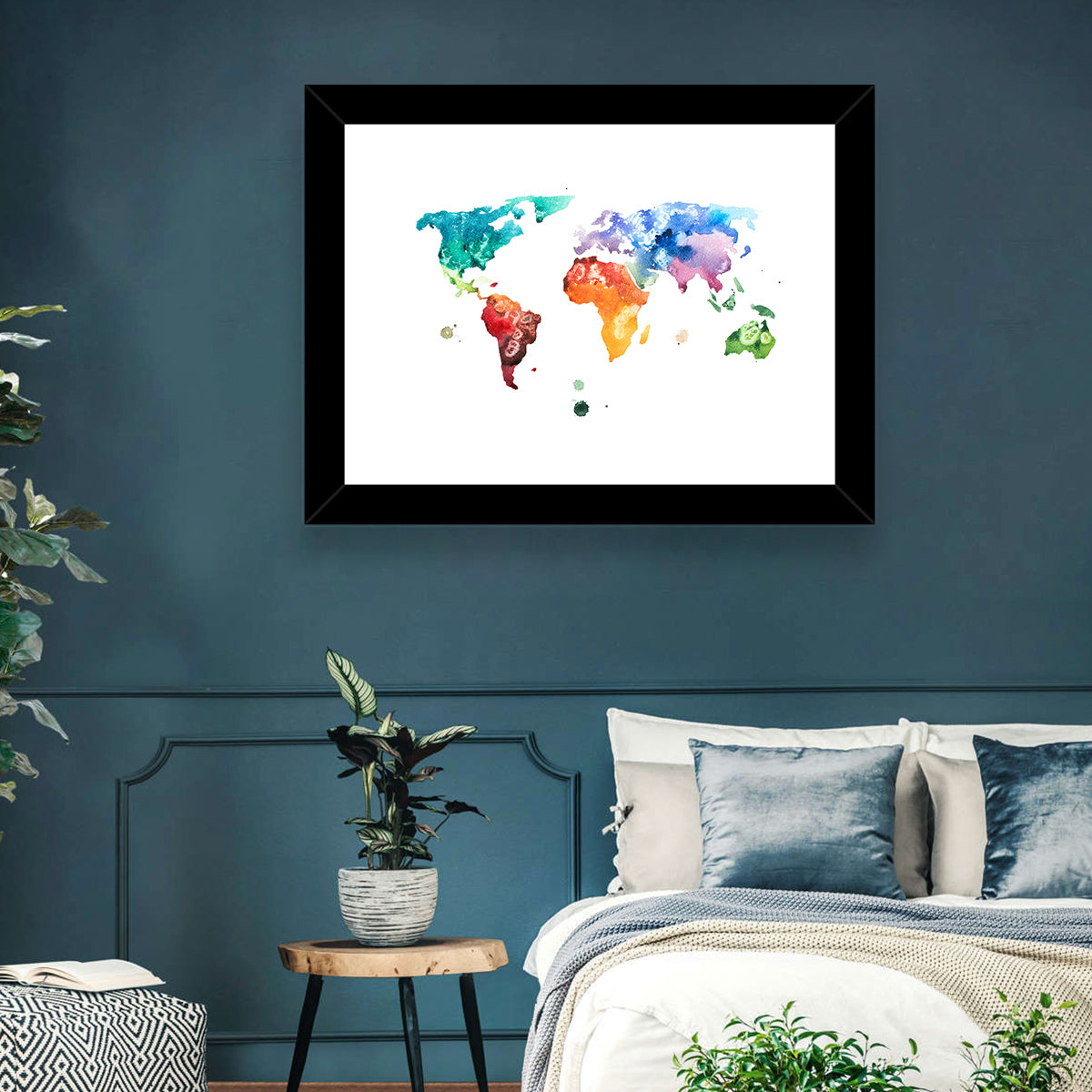Multicolor Watercolor World Map Wall Art in a room, landscape
