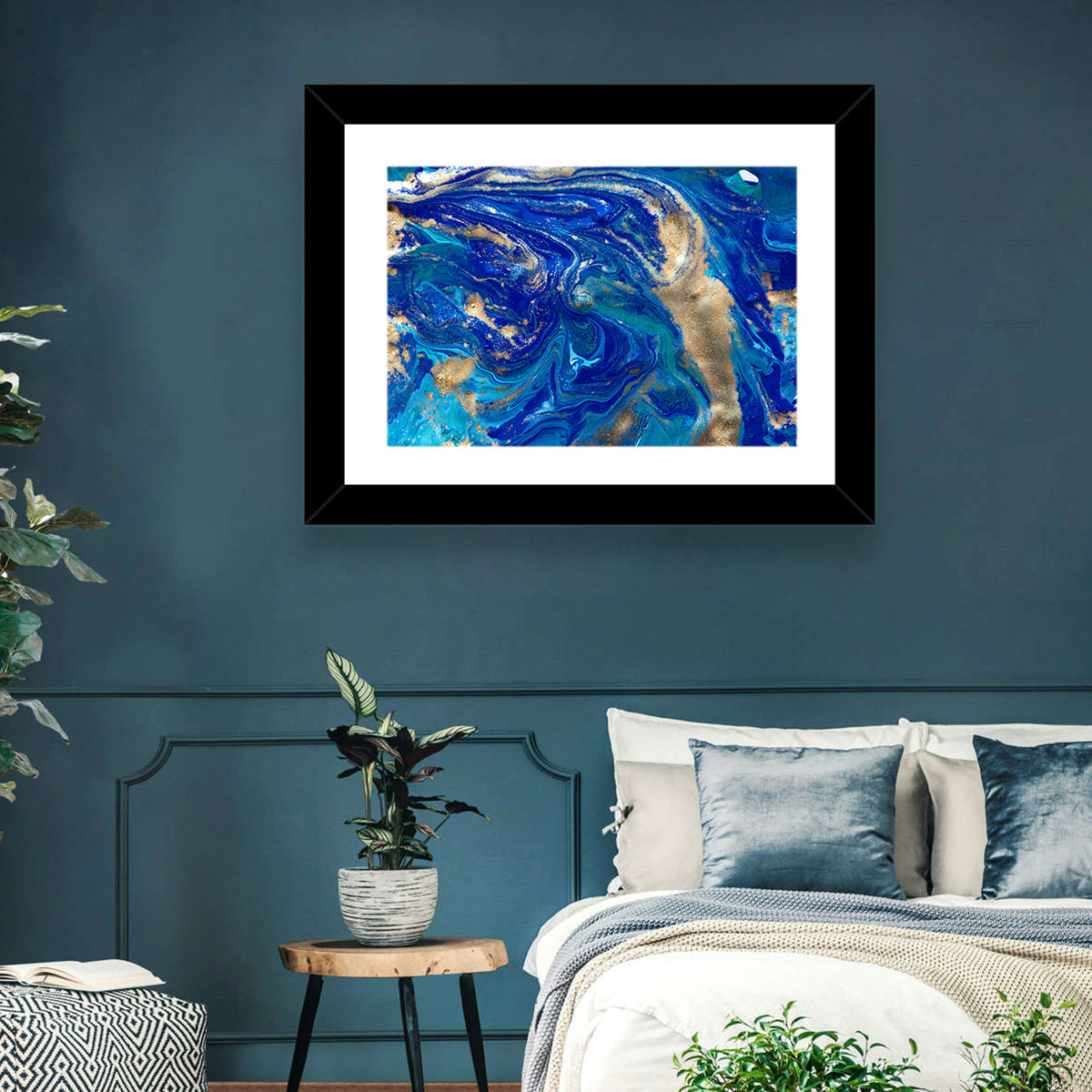 Blue and Gold Liquid Marble Swirls Wall Art