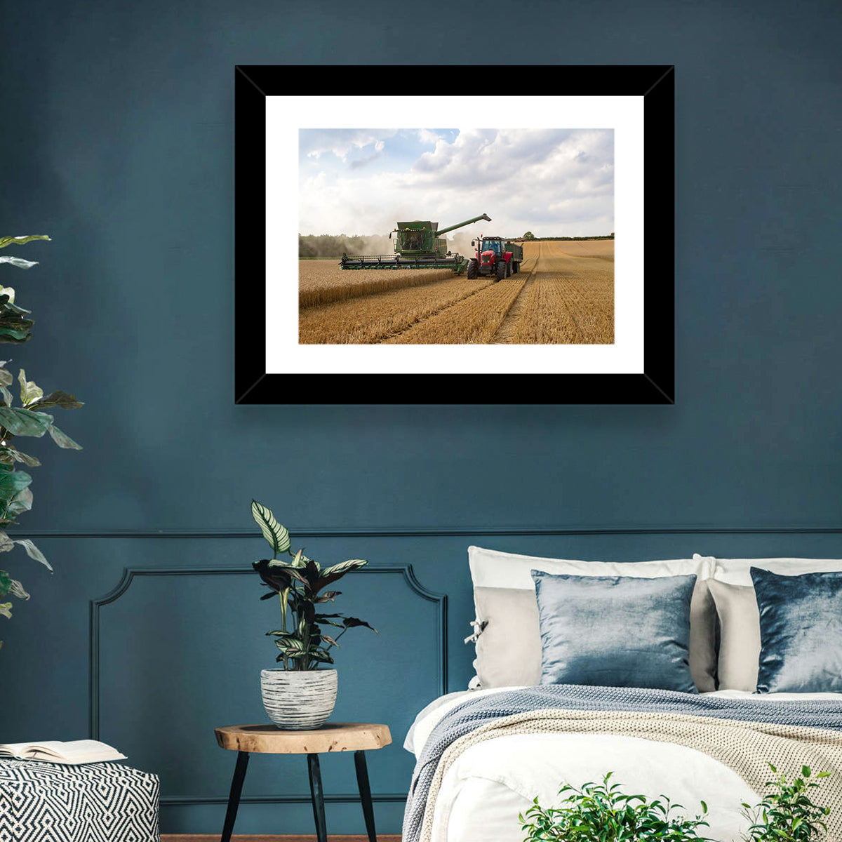 Wheat Harvest with Combine and Tractor Wall Art in a room, landscape