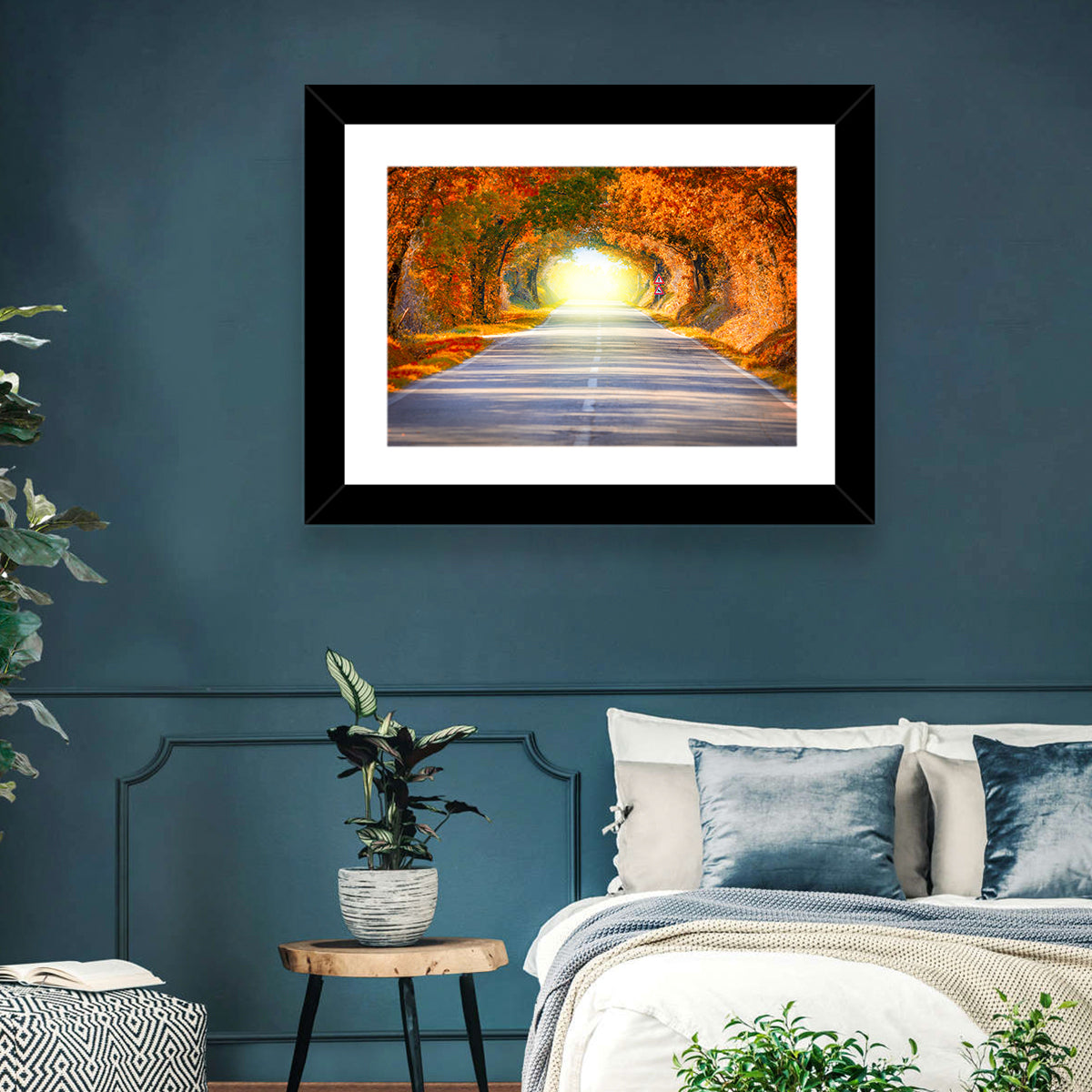 Golden Autumn Tree Tunnel Wall Art in a room, landscape