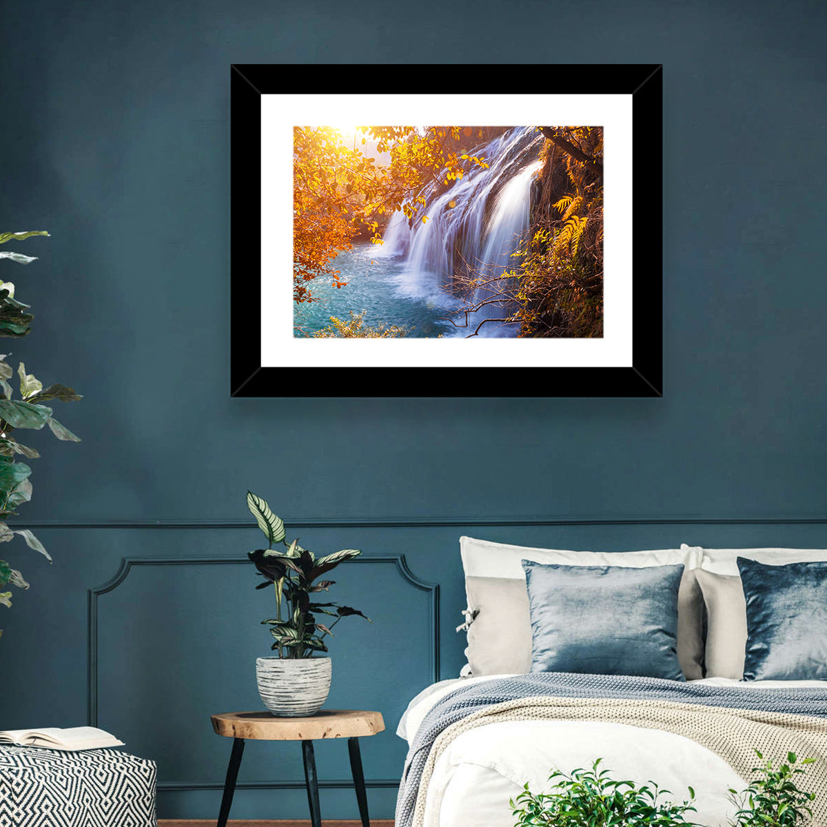 Golden Hour Waterfall in Autumn Forest Wall Art in a room, landscape