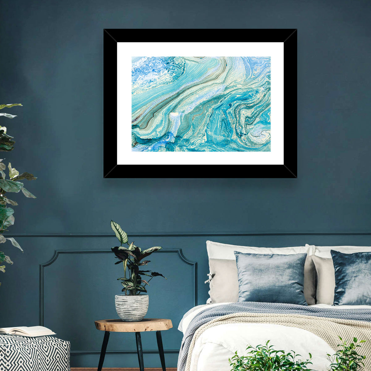 Aqua Marble Swirls with Silver Accents Wall Art in a room, landscape