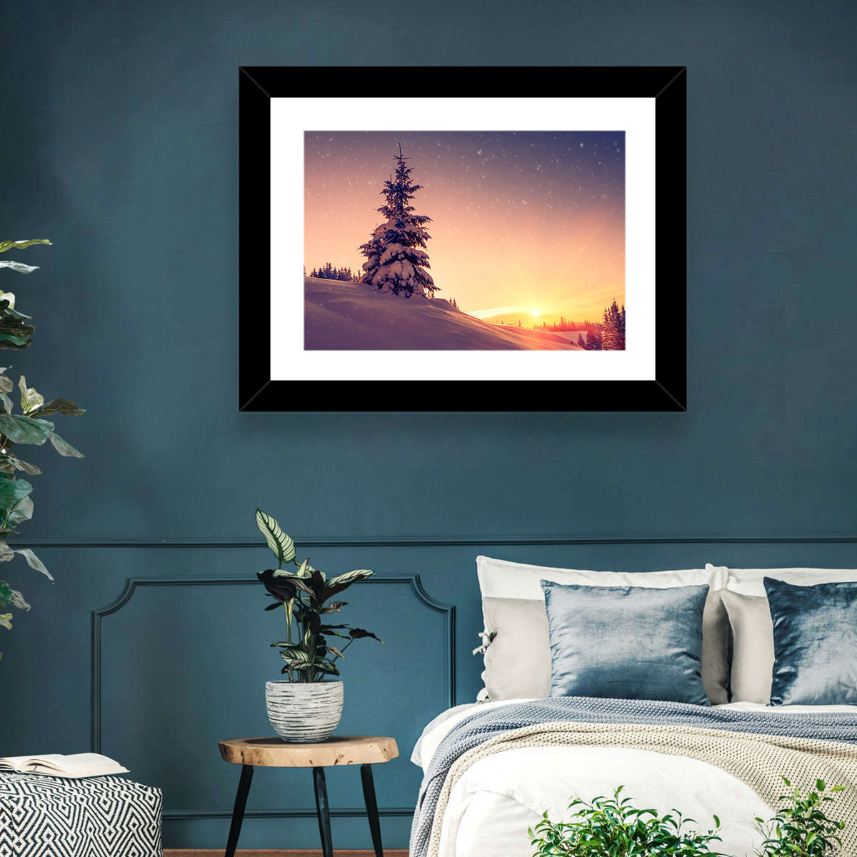 Snowy Sunset with Conifer Wall Art in a room, landscape