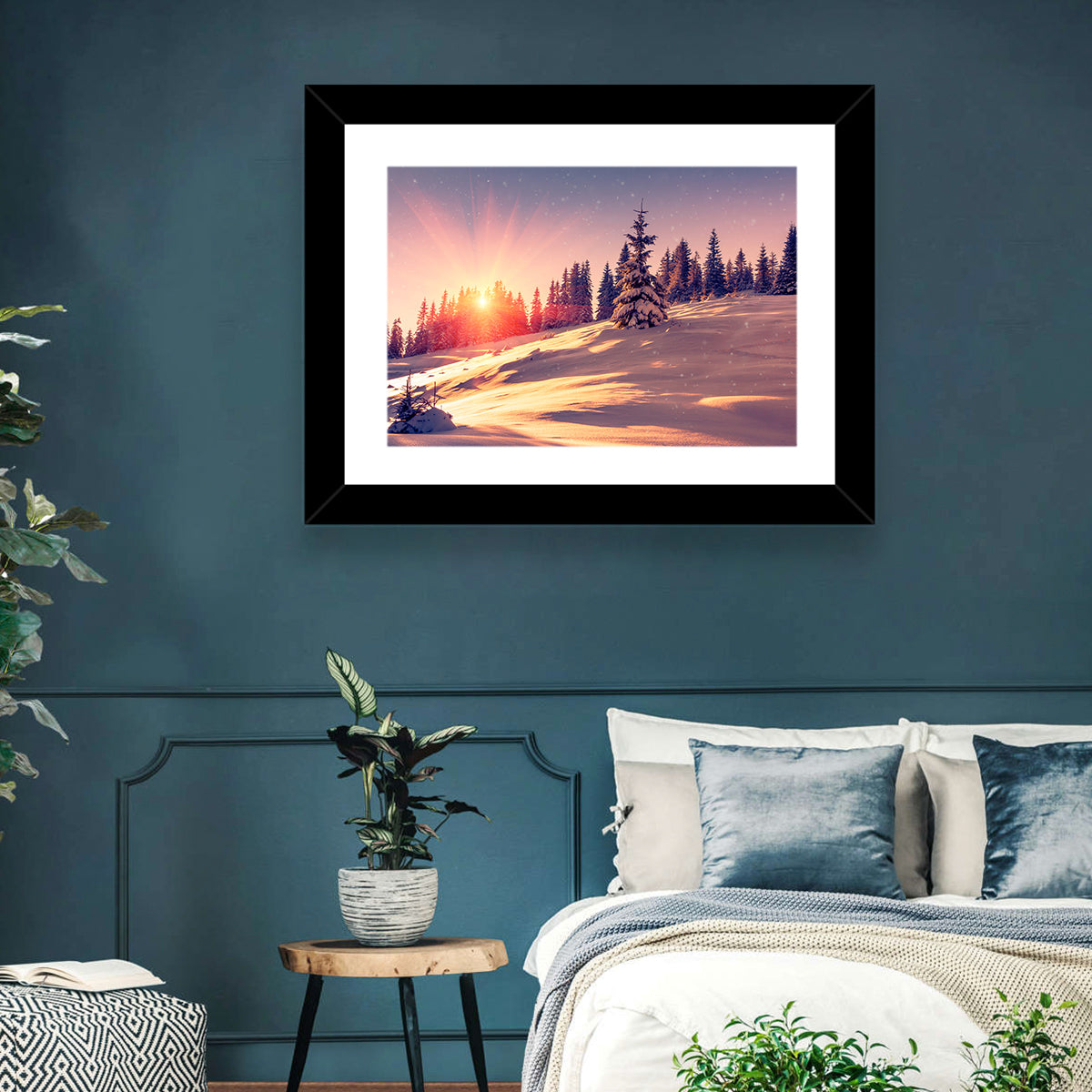 Winter Mountains Sunrise Wall Art in a room, landscape