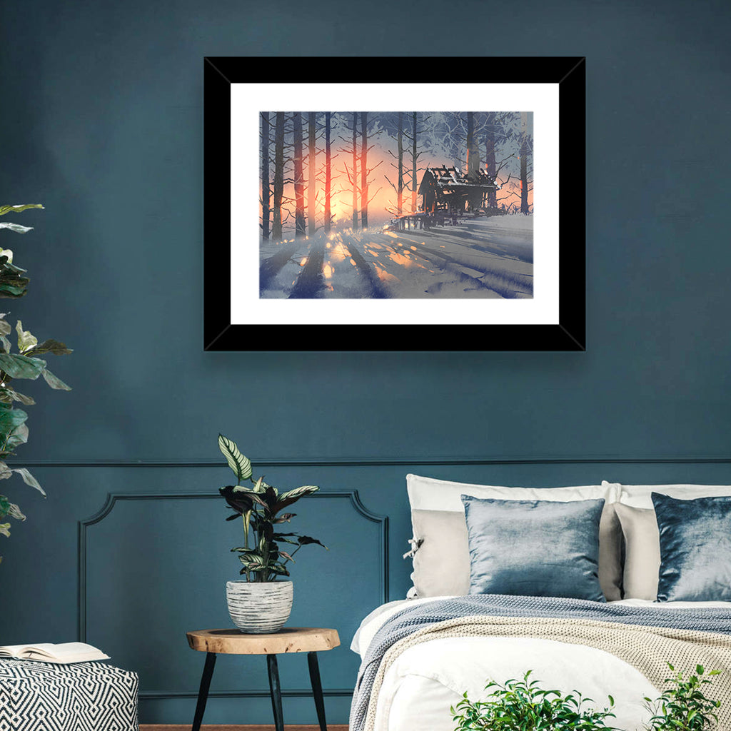 Snowy Forest Cabin at Sunset Wall Art