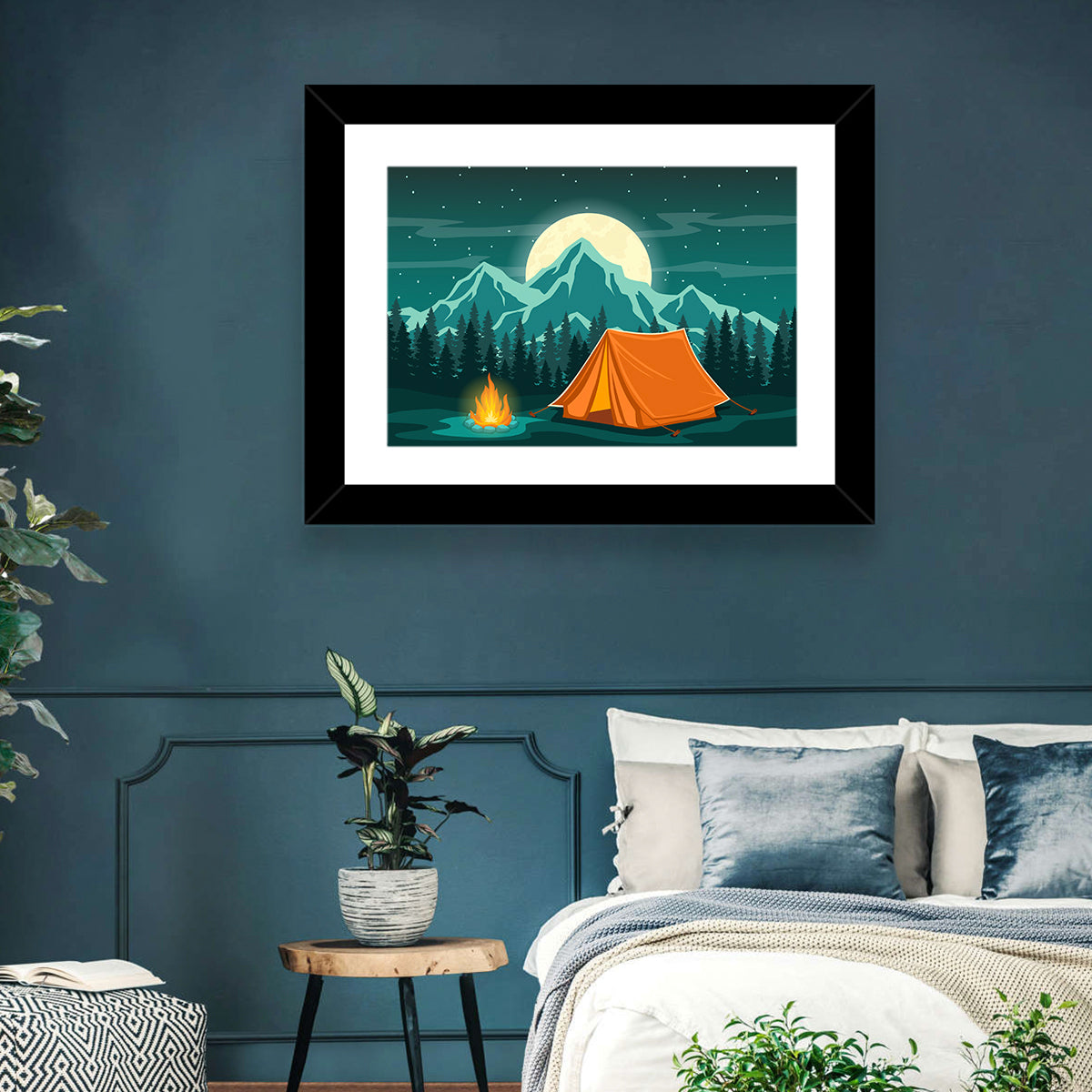 Moonlit Campfire Landscape Wall Art in a room, landscape