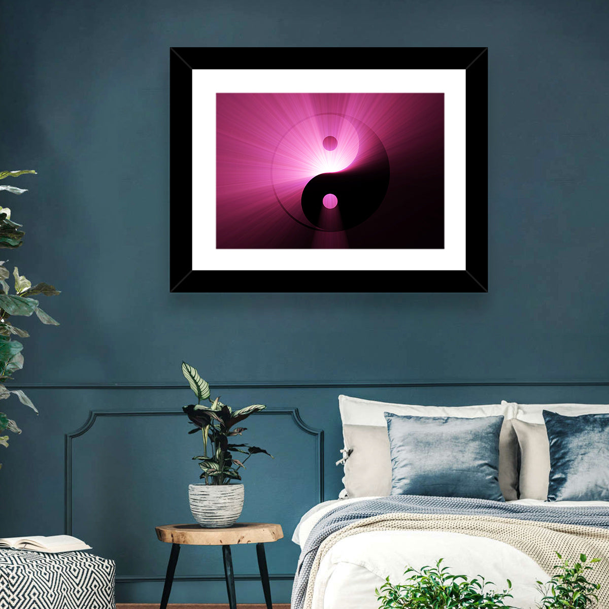 Magenta Yin Yang Symbol Wall Art in a room, landscape