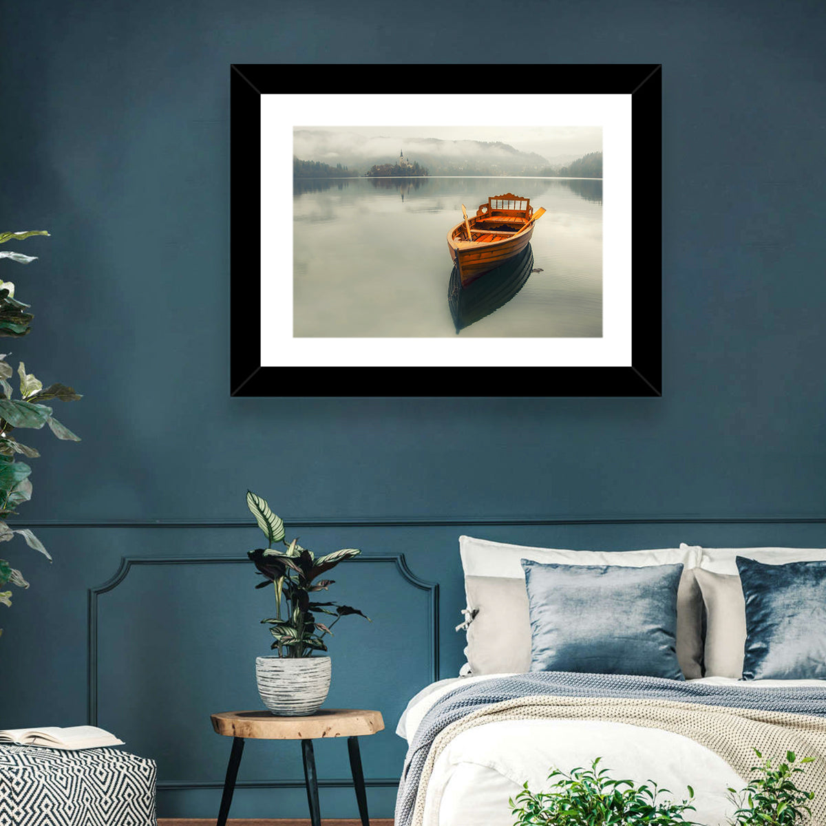 Wooden Boat on Misty Lake Bled Wall Art in a room, landscape