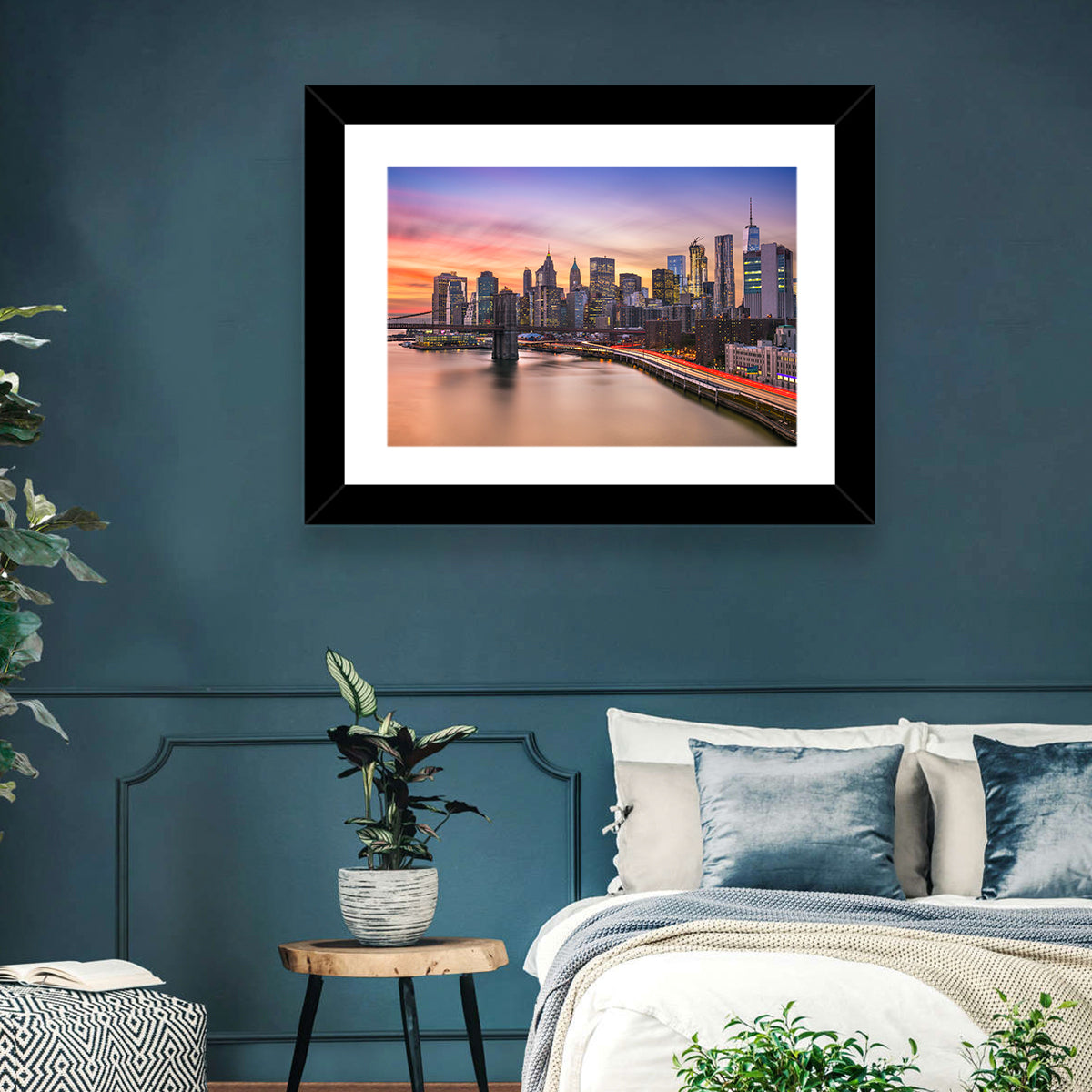 Brooklyn Bridge Light Trails Over Lower Manhattan Wall Art in a room, landscape
