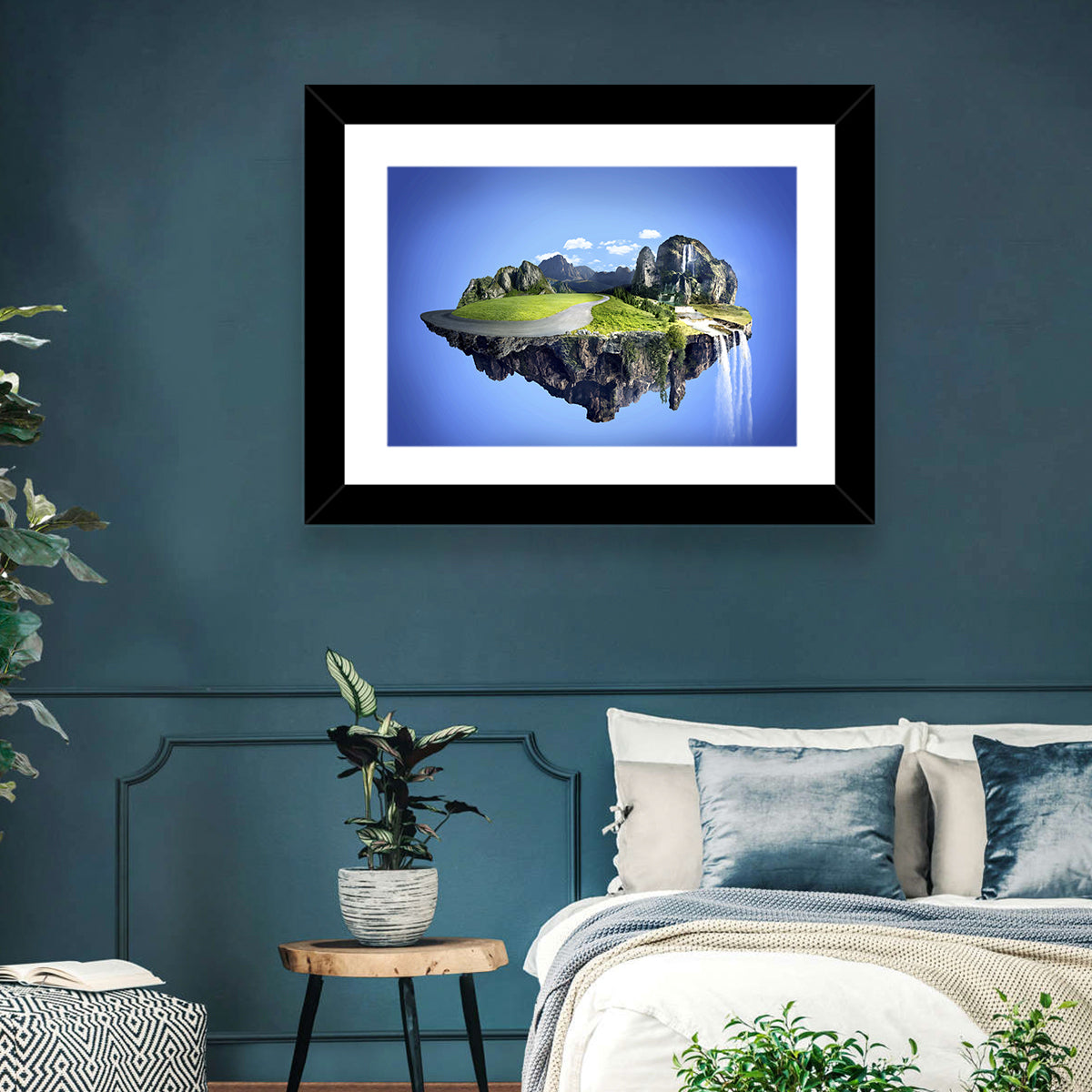 Surreal Floating Island with Waterfalls Wall Art in a room, landscape