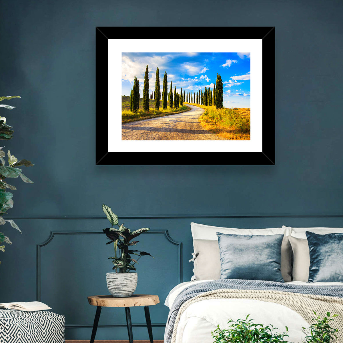 Sunlit Tuscany Cypress Road Wall Art in a room, landscape