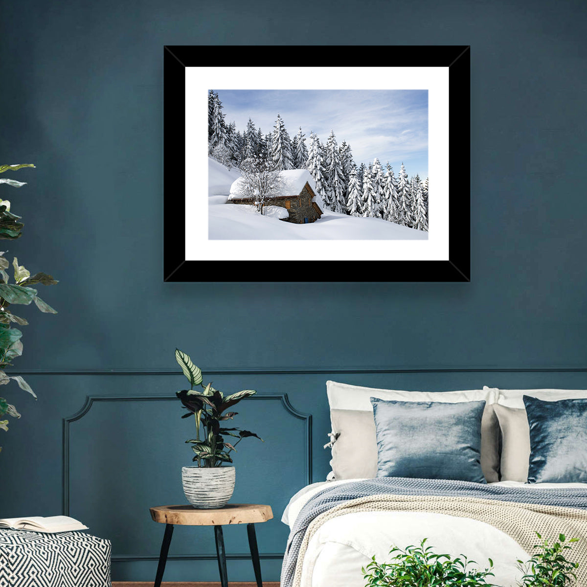 Snow Covered Alpine Cabin Wall Art in a room, landscape