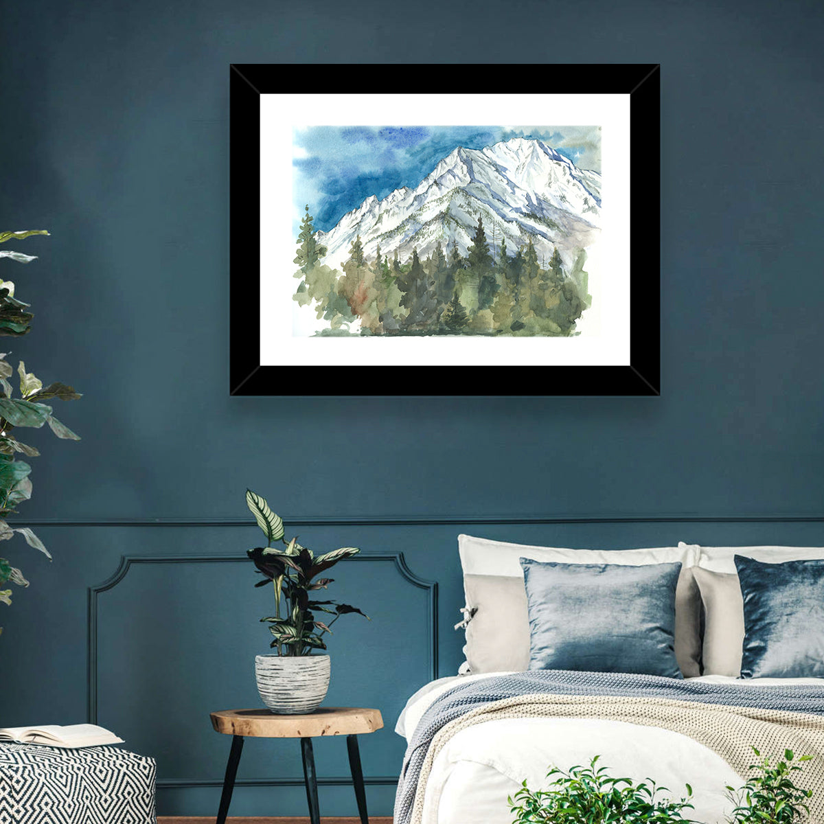Snowy Mountain Watercolor Wall Art in a room, landscape