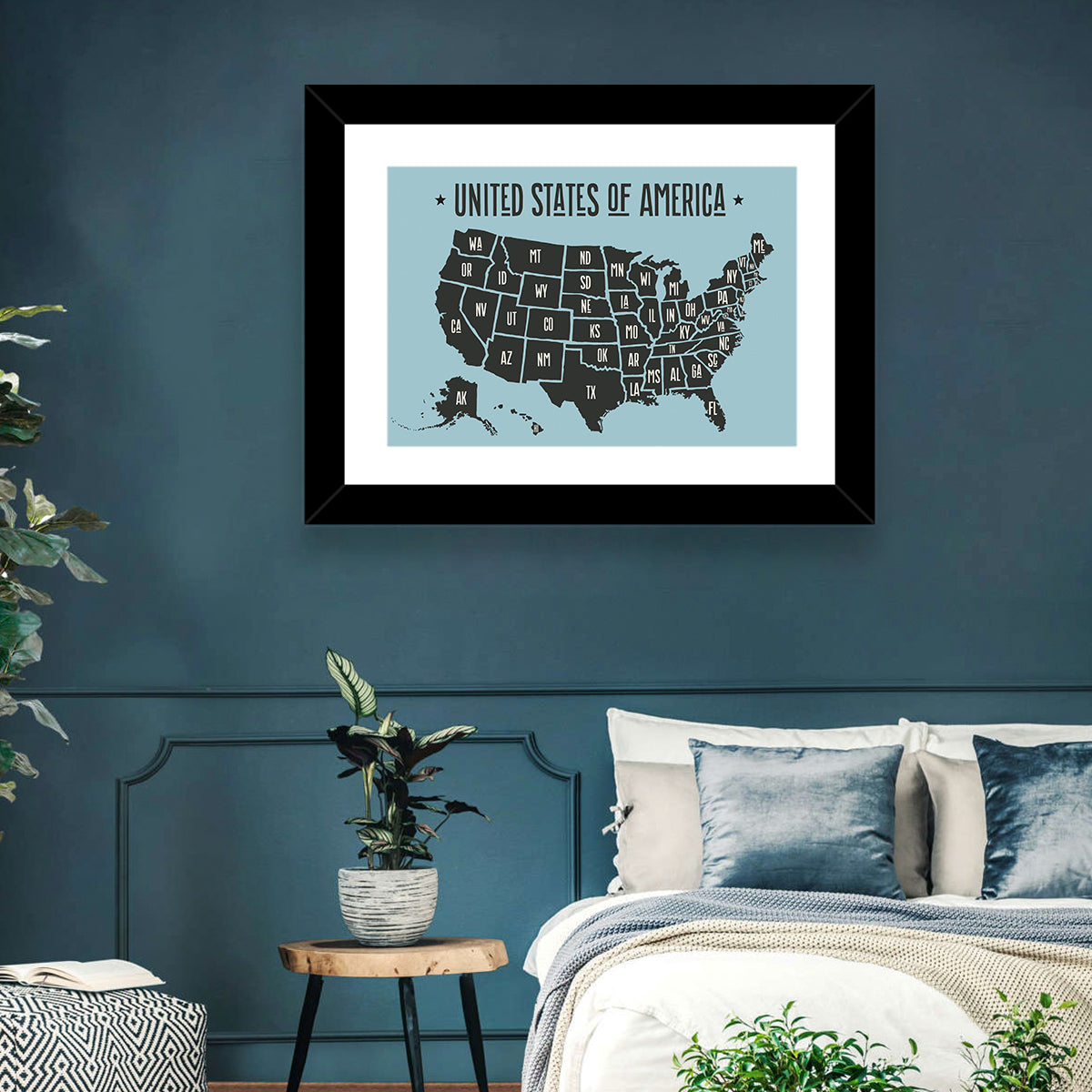 Minimalist USA Map with State Abbreviations Wall Art in a room, landscape
