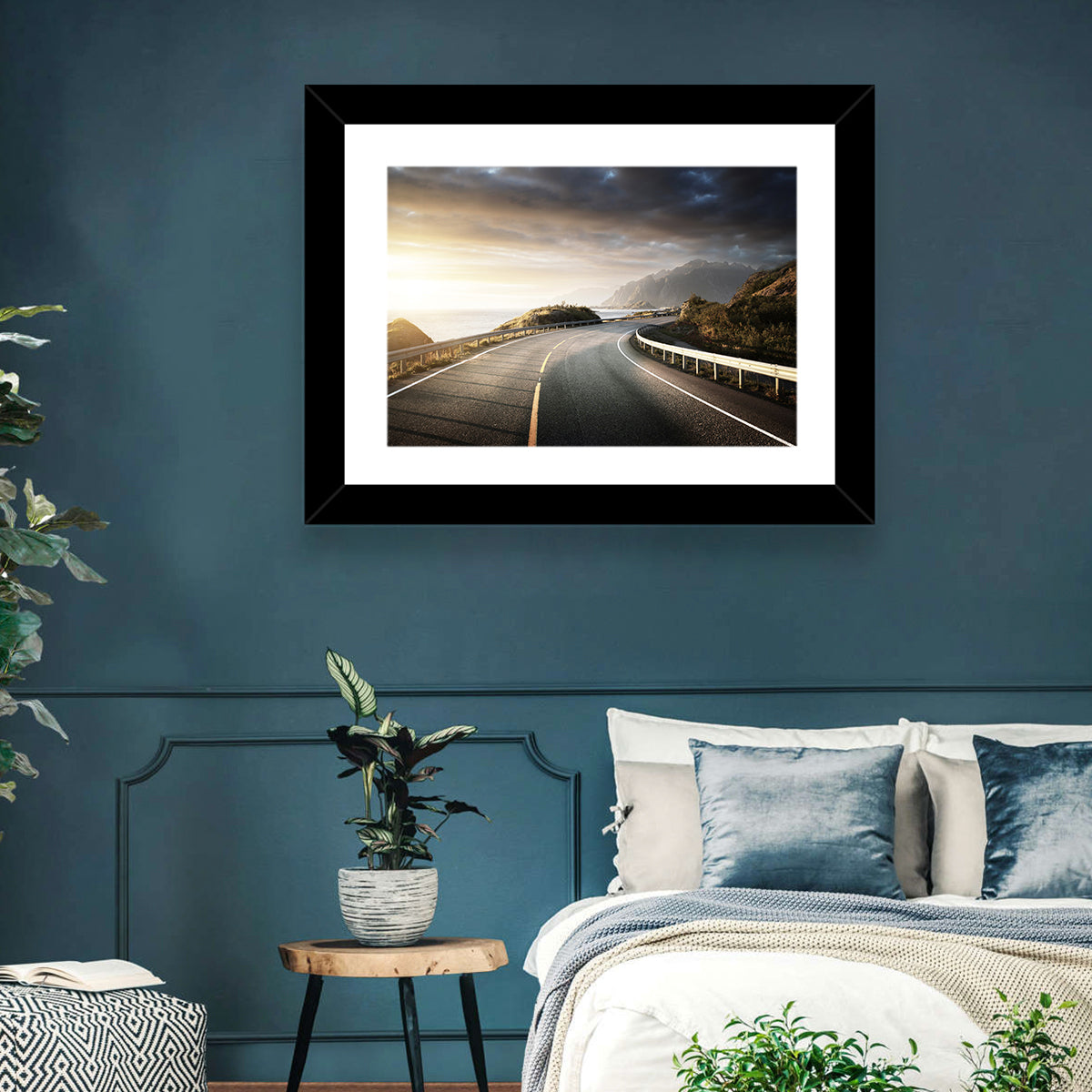 Golden Sunrise Coastal Road Wall Art in a room, landscape