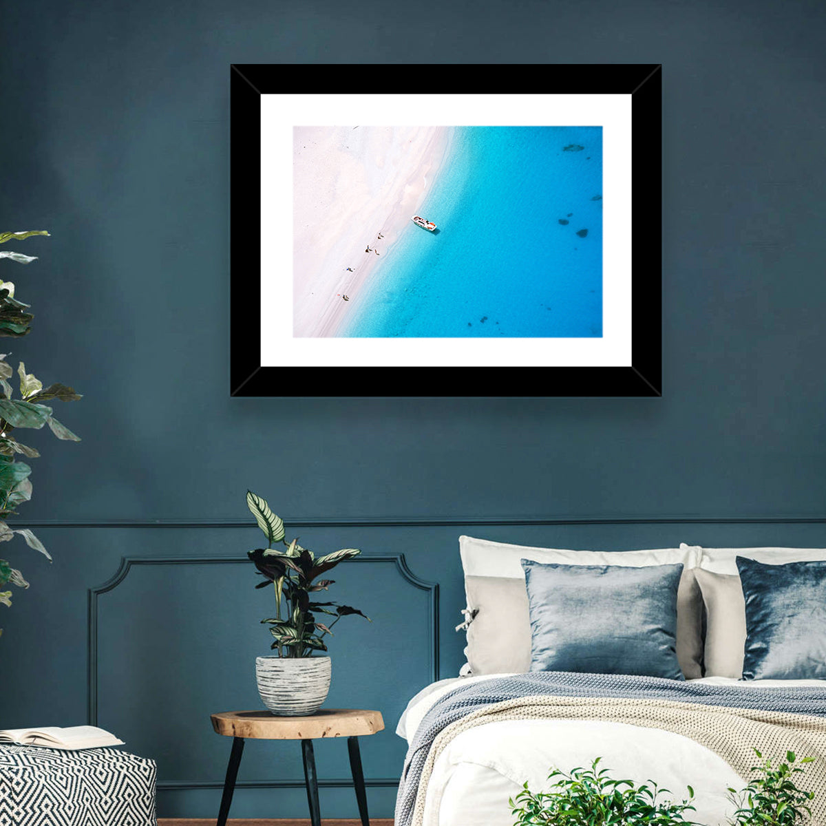 Aerial Beach Bay with White Boat Wall Art