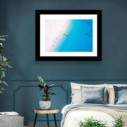 Aerial Beach Bay with White Boat Wall Art