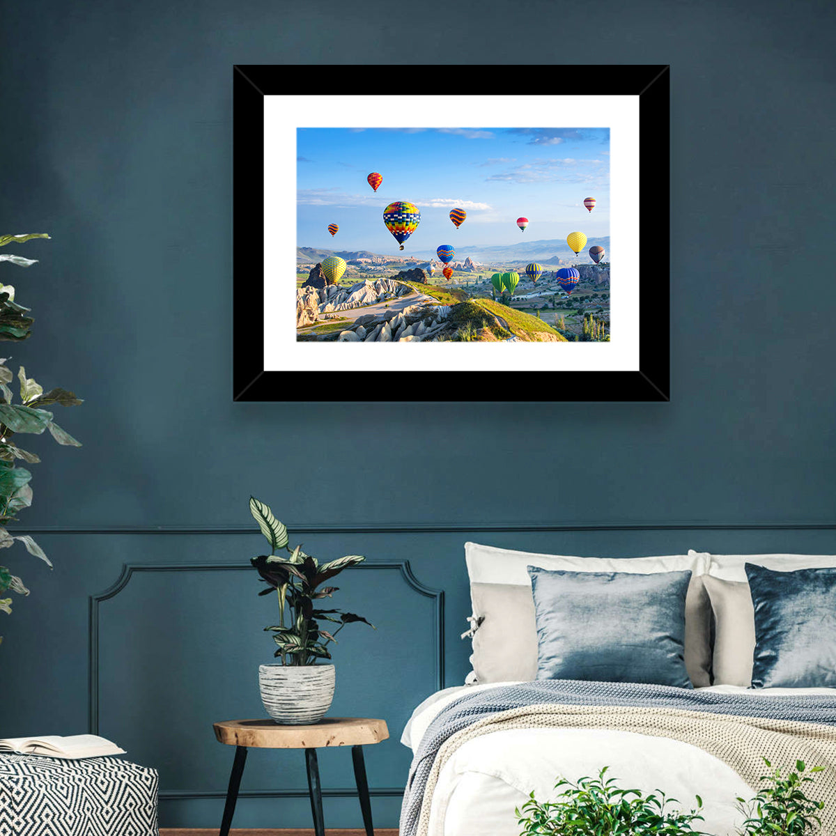 Cappadocia Hot Air Balloons Over Rock Valleys Wall Art in a room, landscape