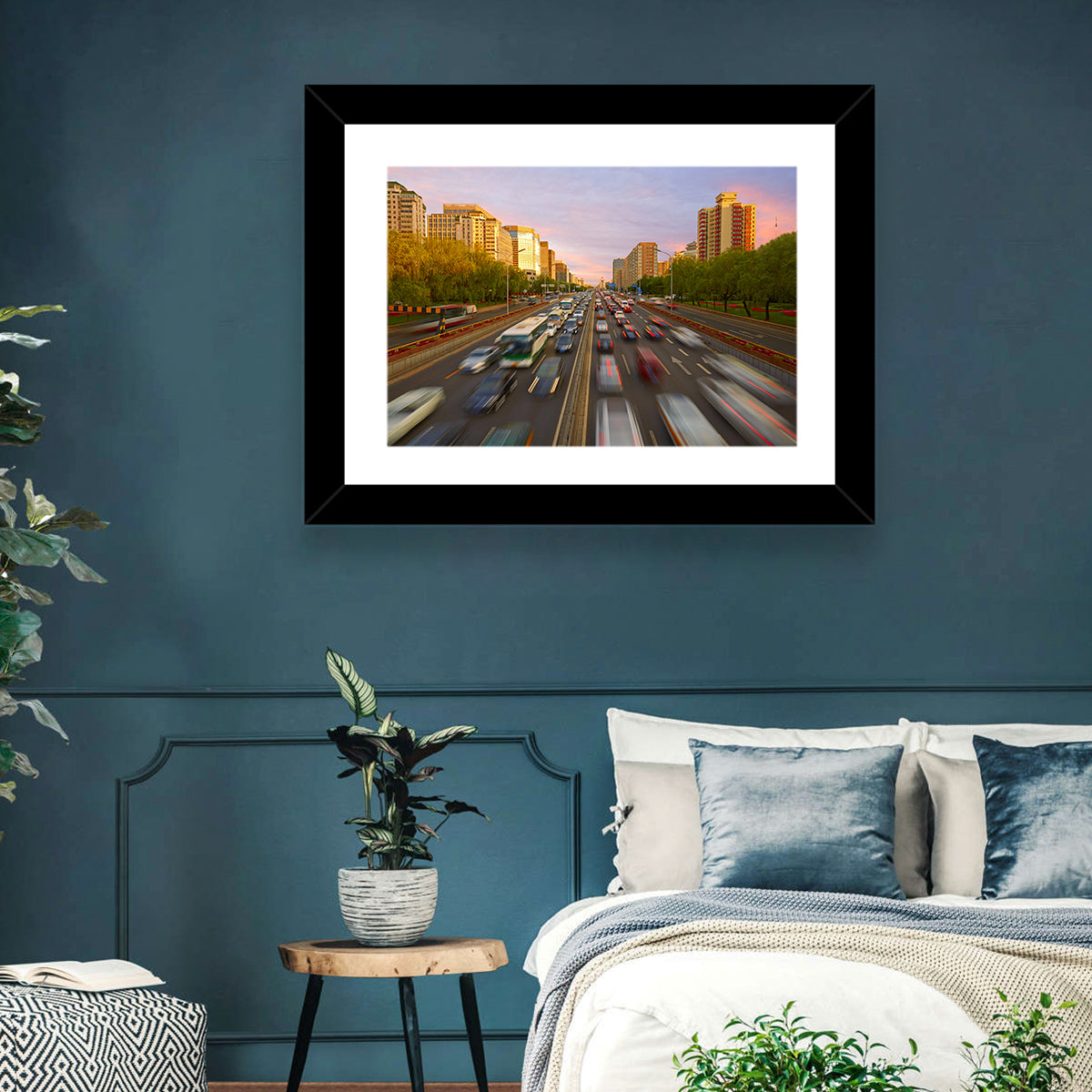 Beijing Sunset Traffic Streaks Wall Art in a room, landscape