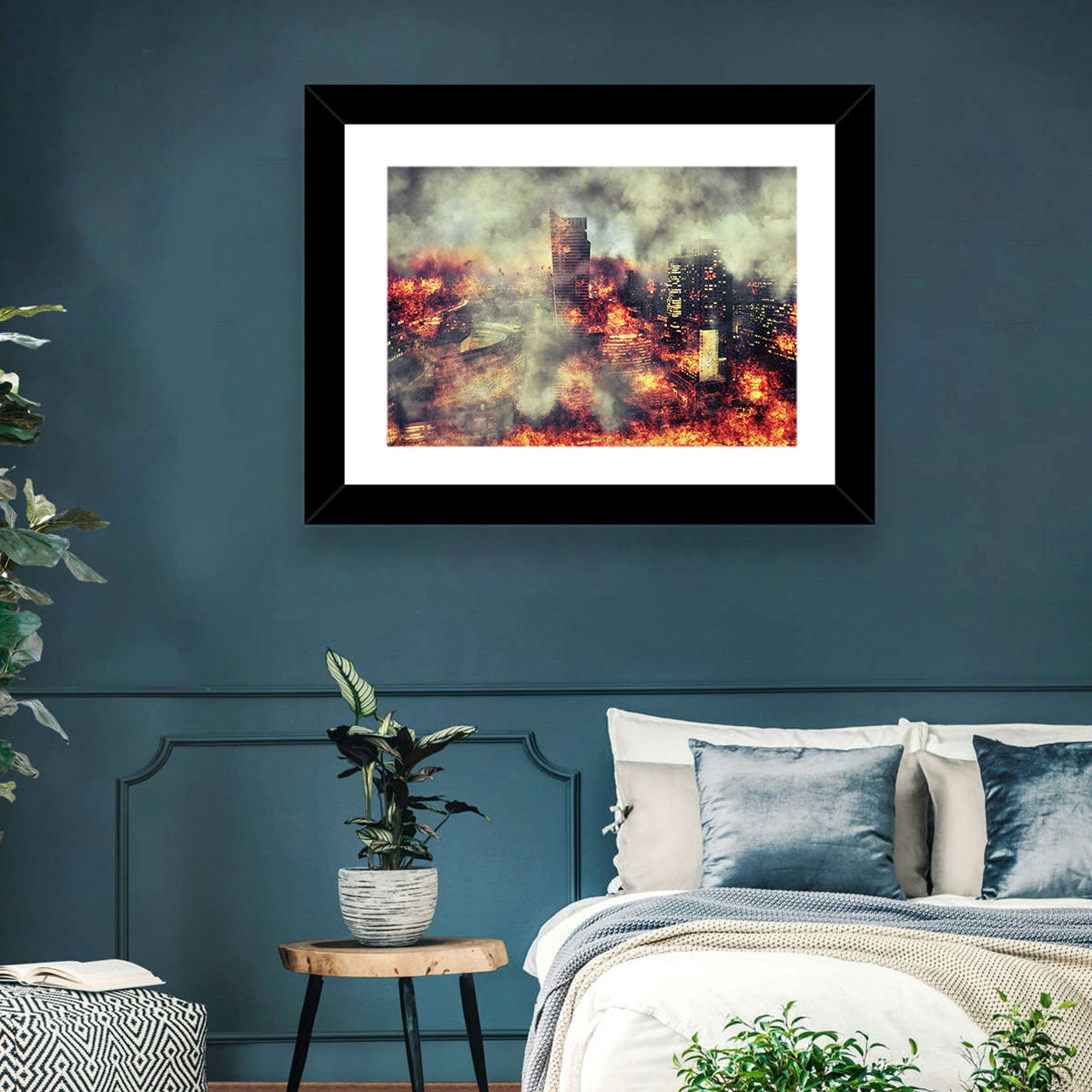Warsaw Spire Burning City Abstract Wall Art in a room, landscape