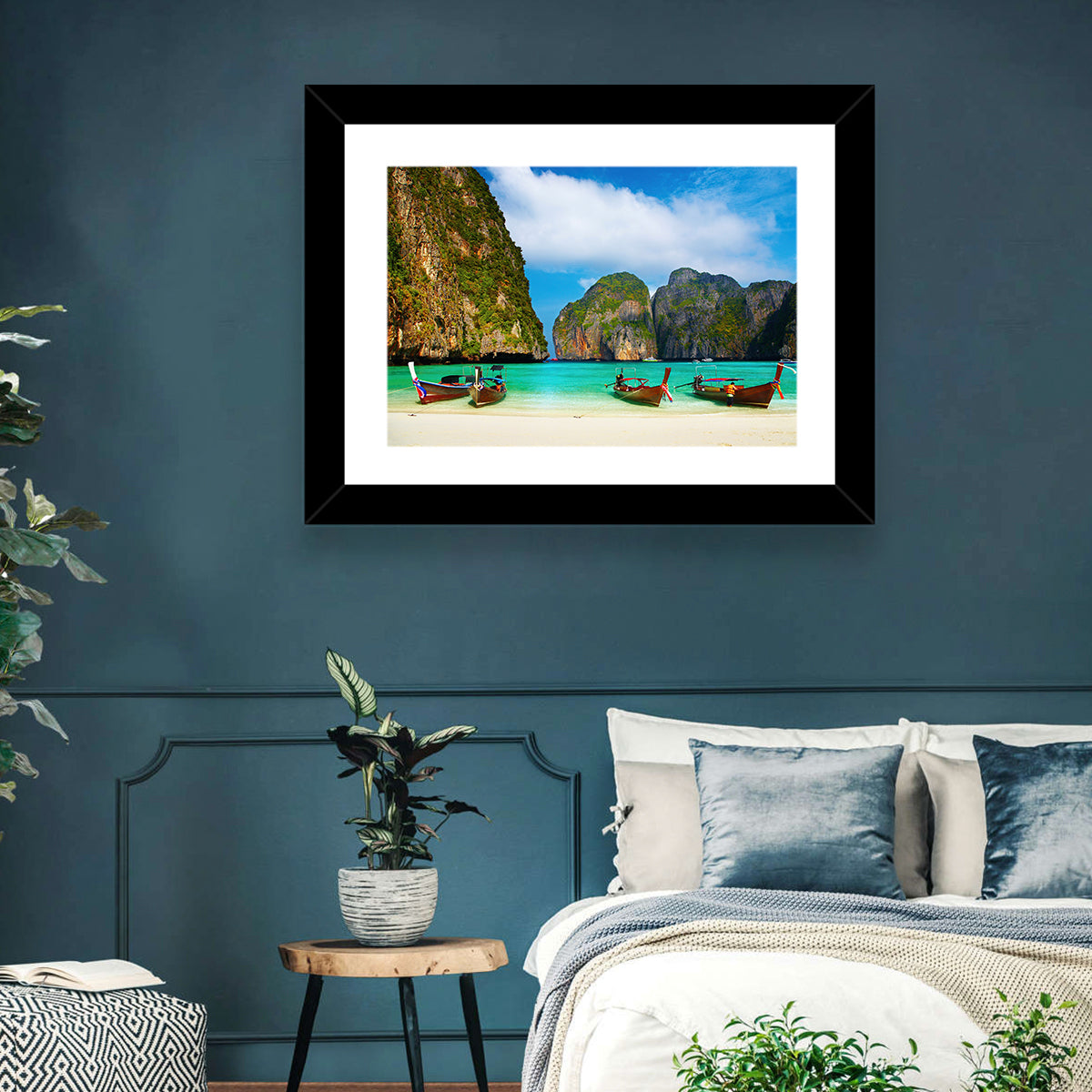 Maya Bay Long-tail Boats Wall Art in a room, landscape