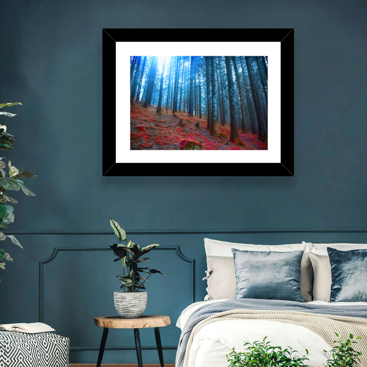 Enchanted Red Moss Forest Wall Art in a room, landscape