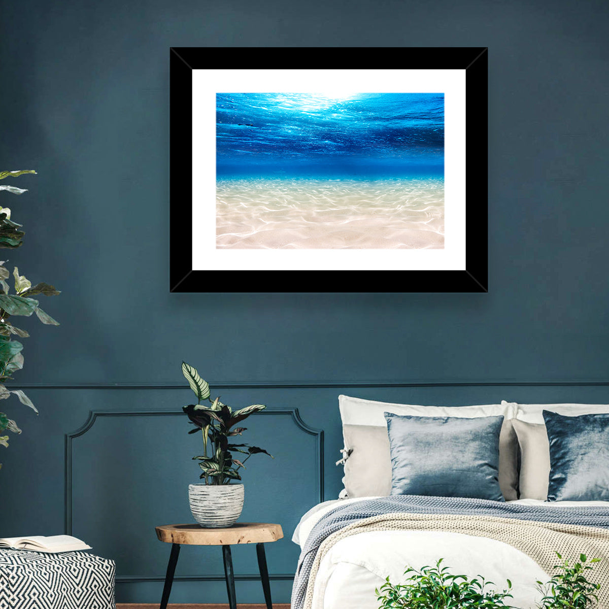Sunlit Sandy Seabed Wall Art in a room, landscape