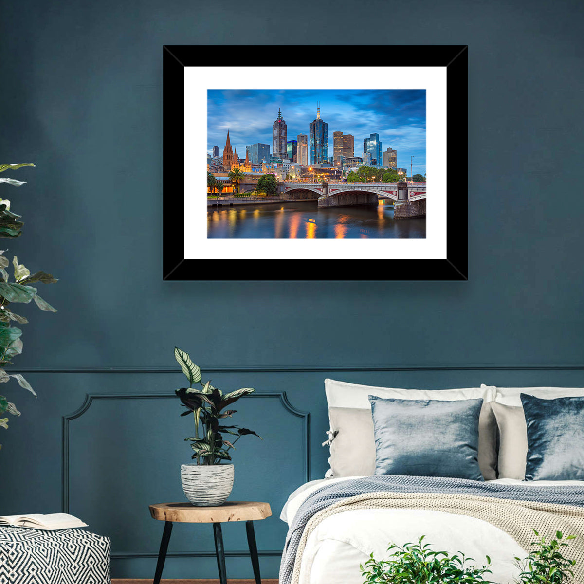 Melbourne Blue Hour Skyline Wall Art in a room, landscape