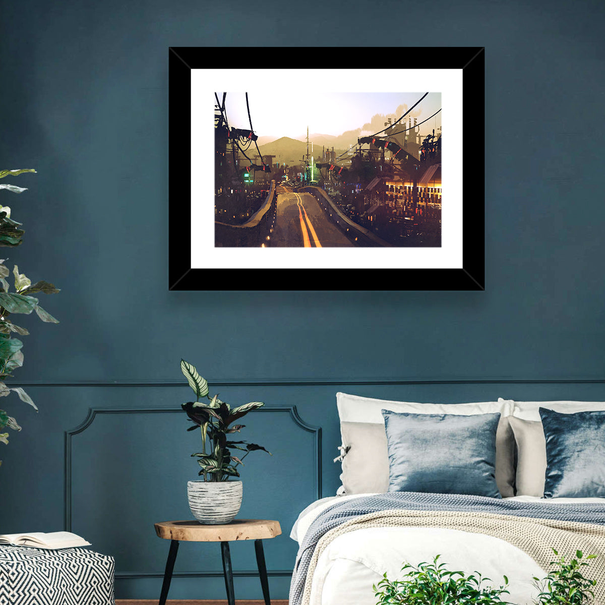 Futuristic Highway at Dusk Wall Art in a room, landscape