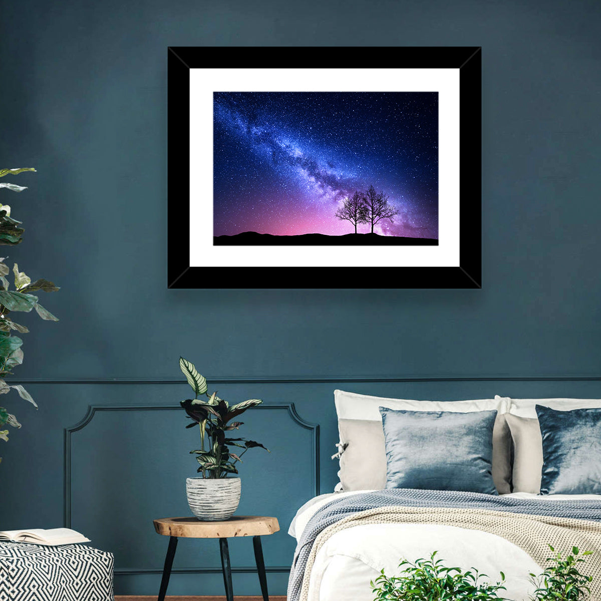 Milky Way Nebula Sky with Silhouetted Trees Wall Art in a room, landscape